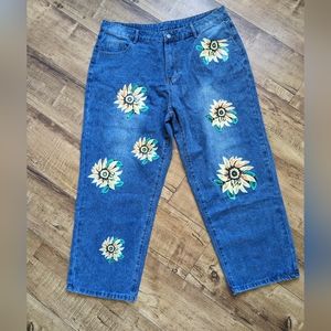 NWOT-Mom jeans Baggy Boho Flower/Floral Pants Women's Sunflower Jeans 3x